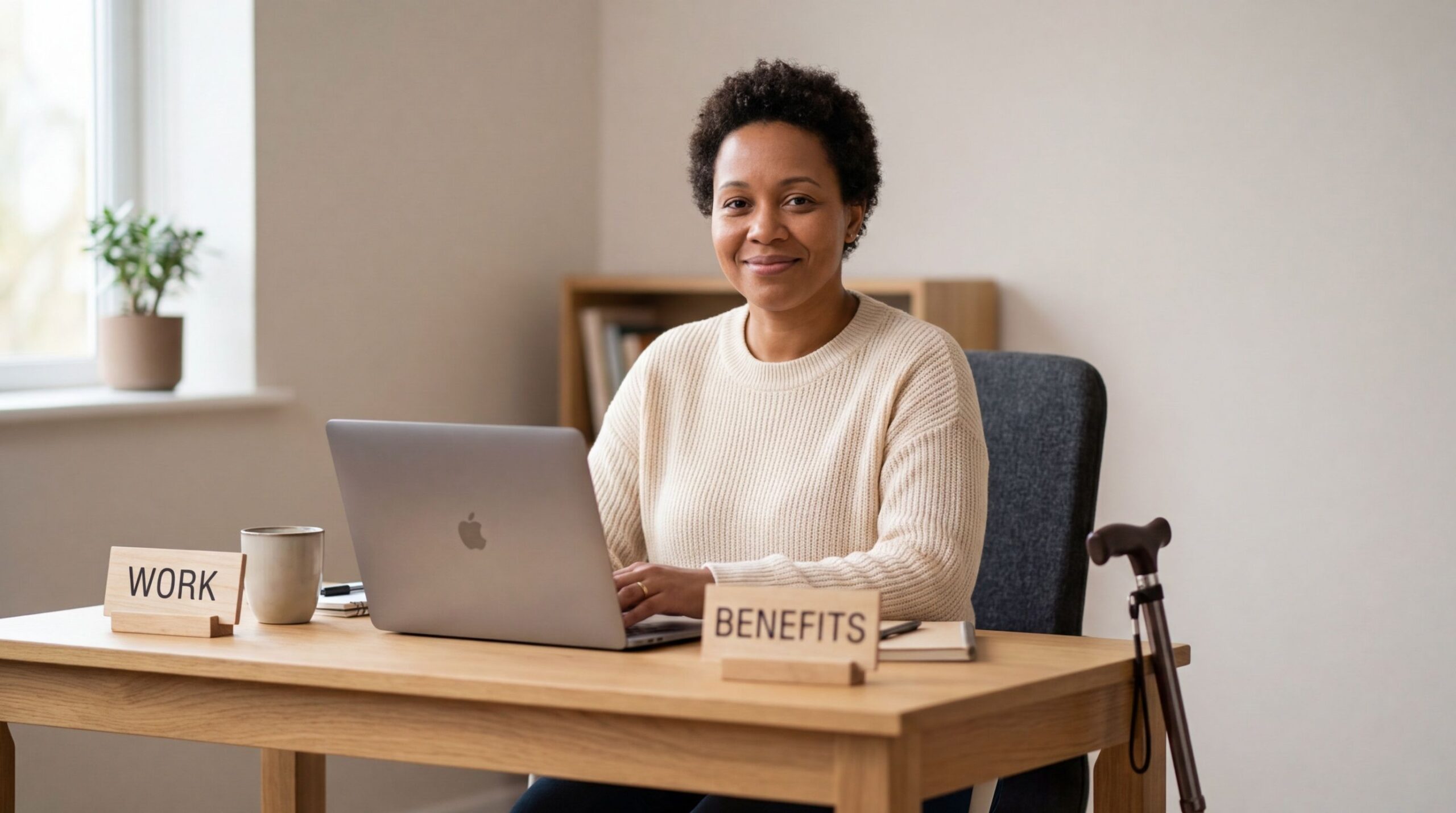 A smiling woman works on a laptop at a desk with 'WORK' and 'BENEFITS' signs and a walking stick.