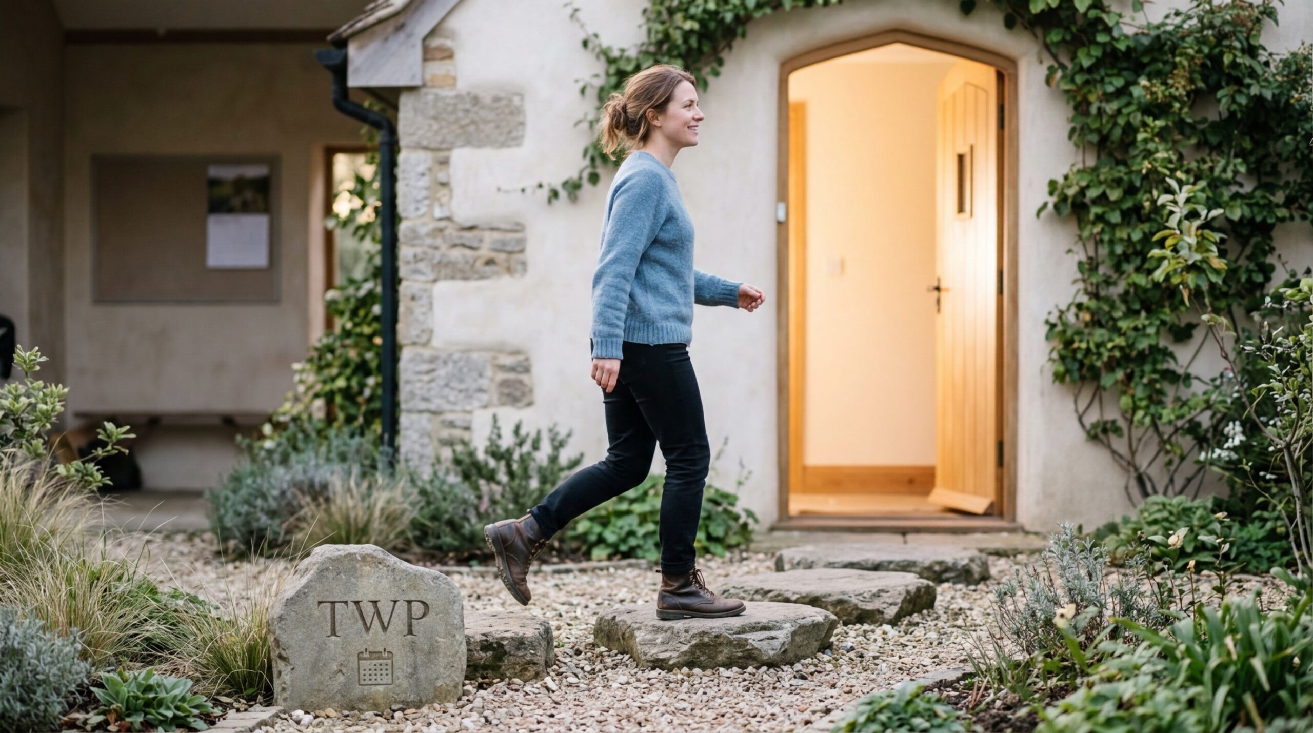 A smiling woman walks on stone steps in a lush garden towards an open door of a home.