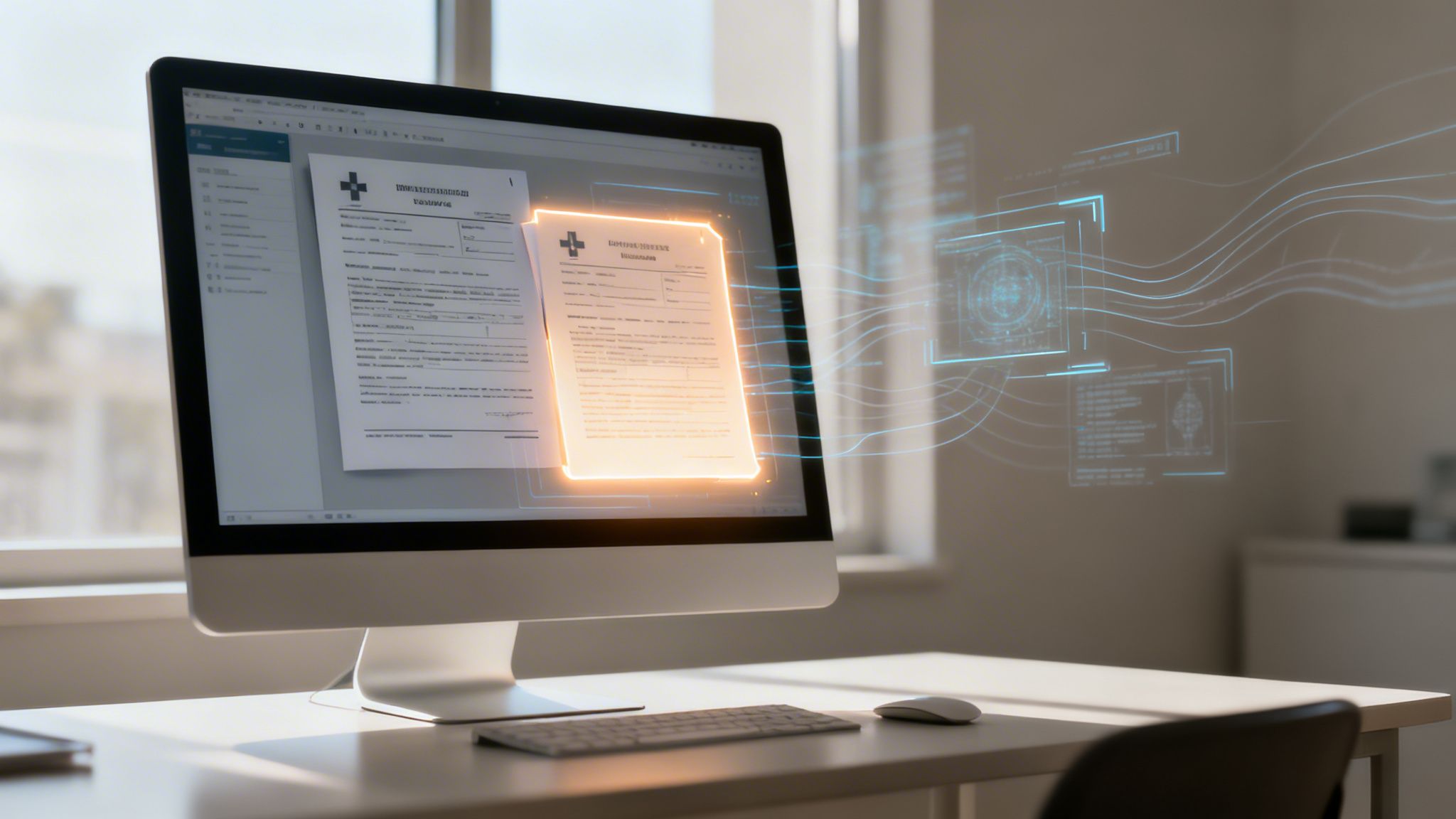 A computer monitor displays glowing medical documents with holographic data in an office setting.