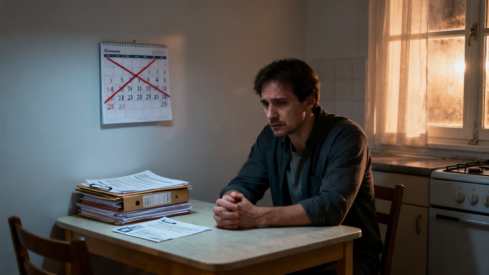 A sad man sits at a table with many documents and a calendar with a red X, indicating stress.