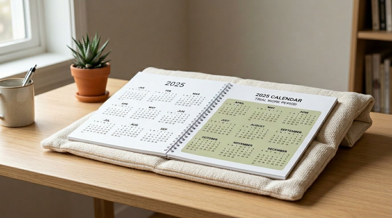 An open 2025 calendar on a wooden desk with a plant, mug, and pen.