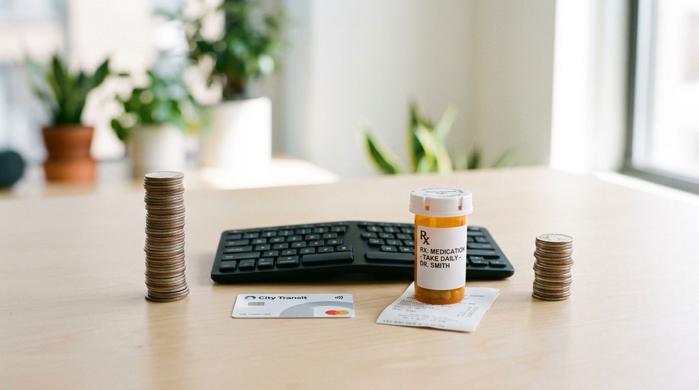 A prescription bottle, credit card, receipt, keyboard, and stacked coins on a wooden desk.