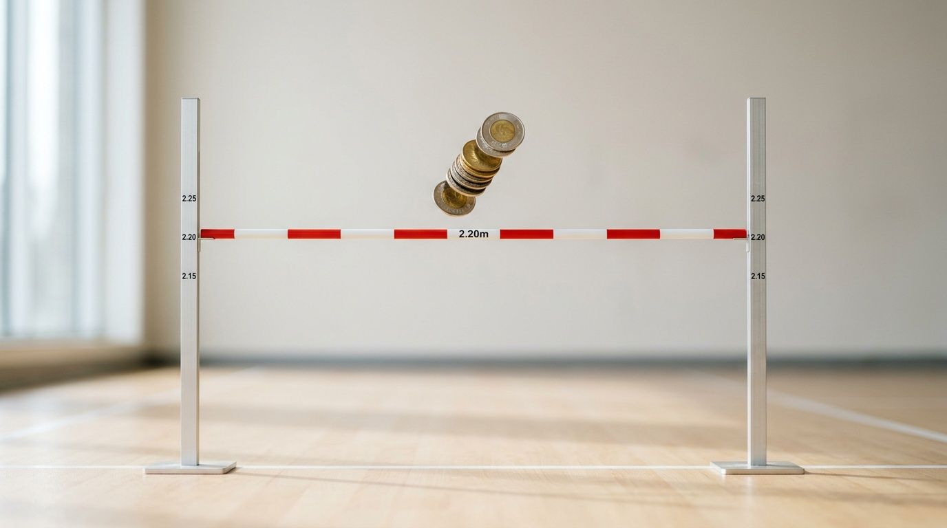 A stack of coins jumping over a high jump bar set at 2.20 meters, symbolizing overcoming financial hurdles.