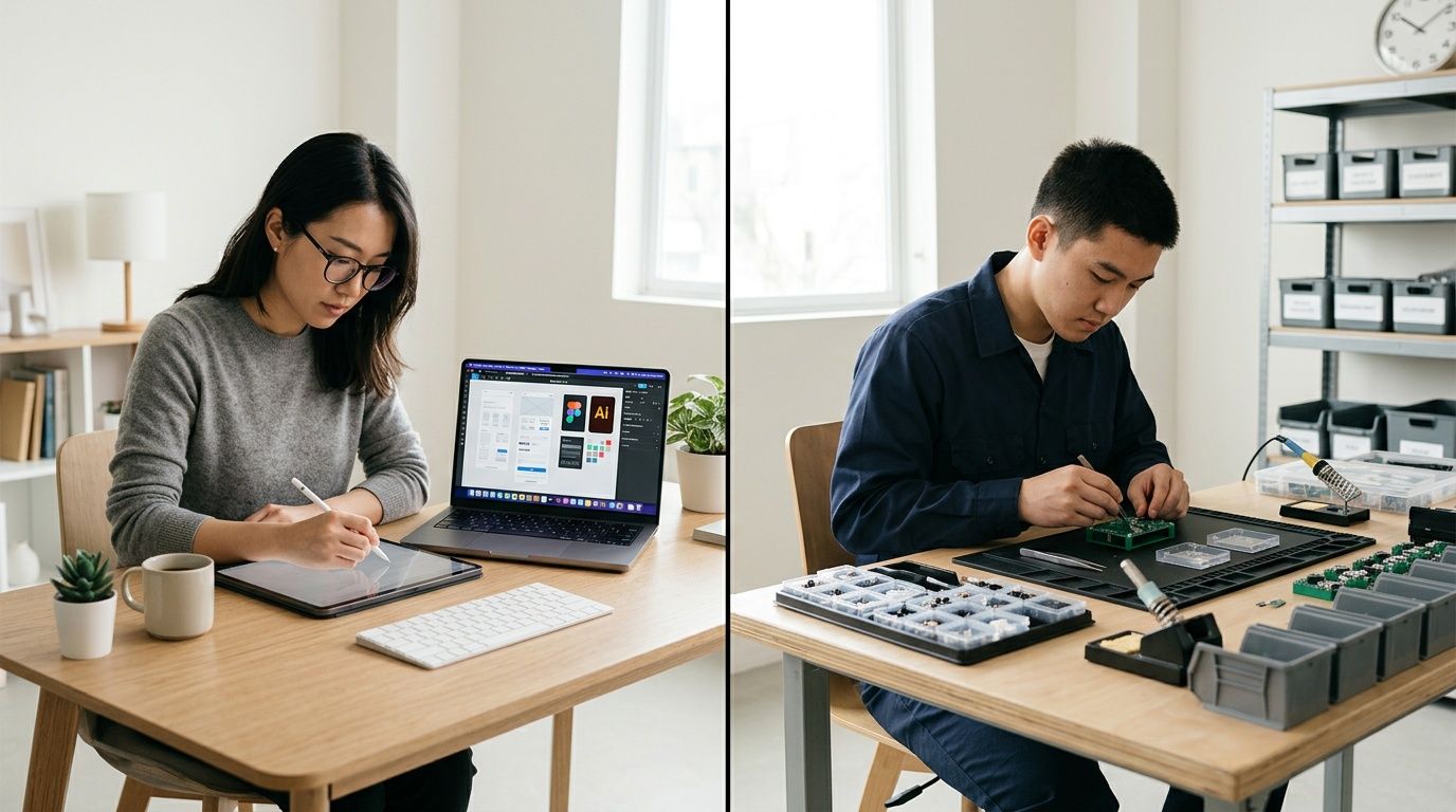 Split image of a woman designing on a tablet and a man assembling electronics.