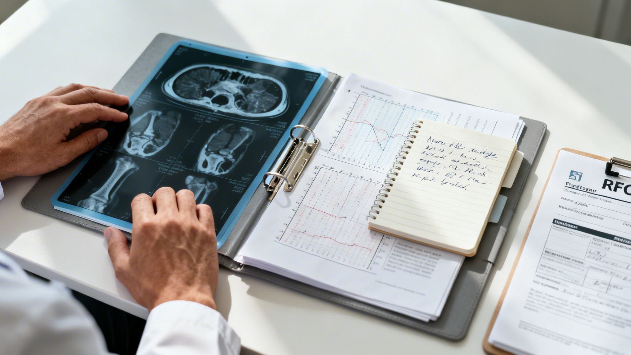 A doctor analyzes medical scans, charts, and handwritten notes on a desk, indicating a detailed medical review.