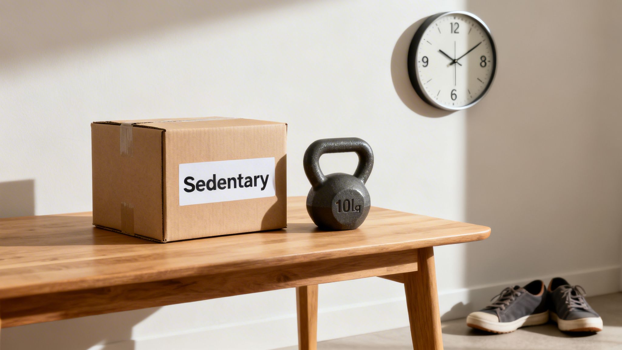 A 'Sedentary' labeled cardboard box next to a 10kg kettlebell on a wooden table.
