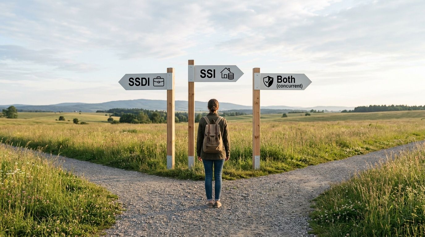 A person stands at a crossroads, choosing between SSDI, SSI, or both social security benefits.