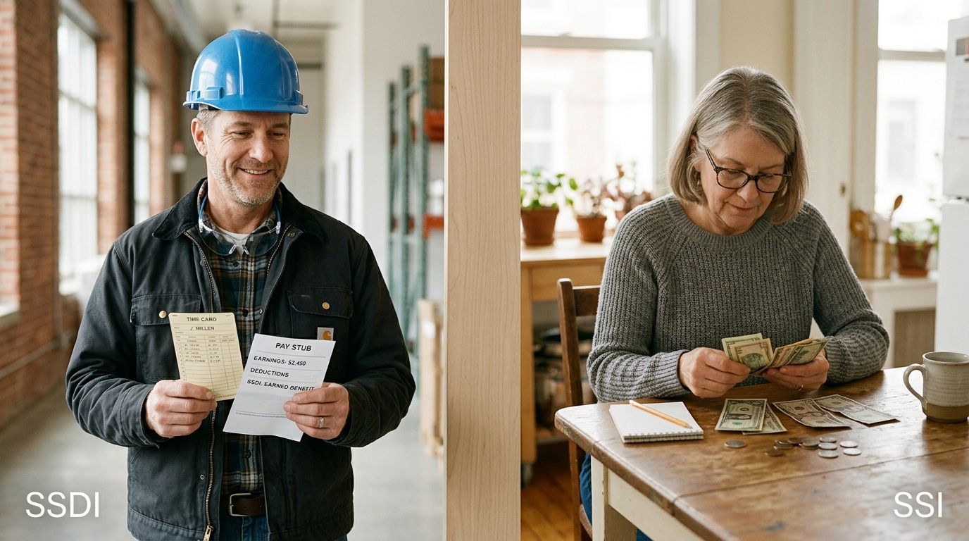 A smiling construction worker holding a pay stub (SSDI) next to an older woman counting money (SSI).