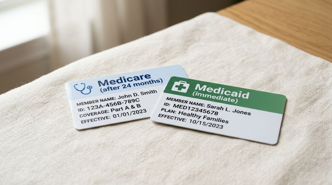 Two health insurance cards, Medicare and Medicaid, displayed side-by-side on a light fabric.