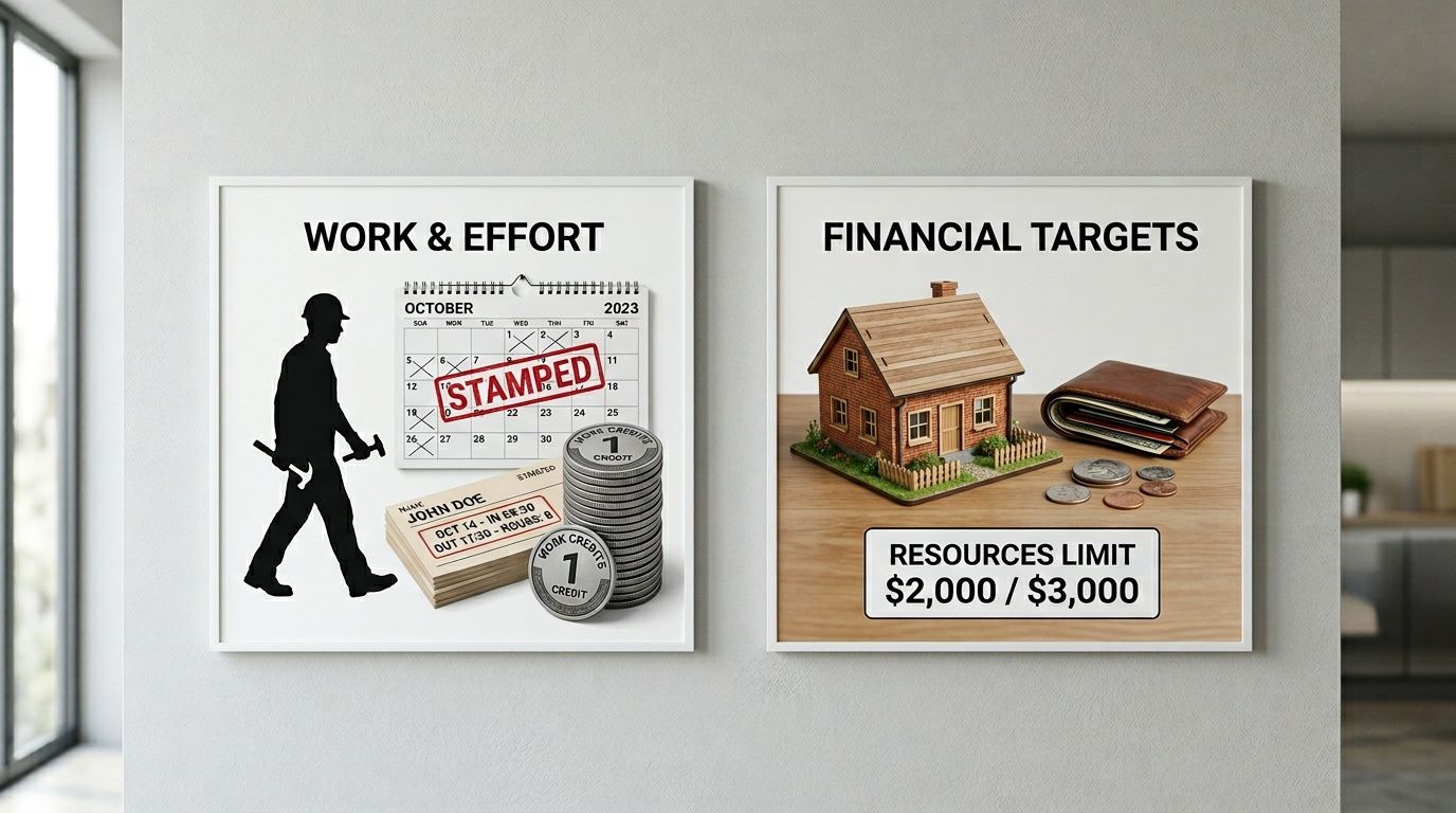 Two framed images illustrating work effort, earned credits, financial targets, and resource limits.