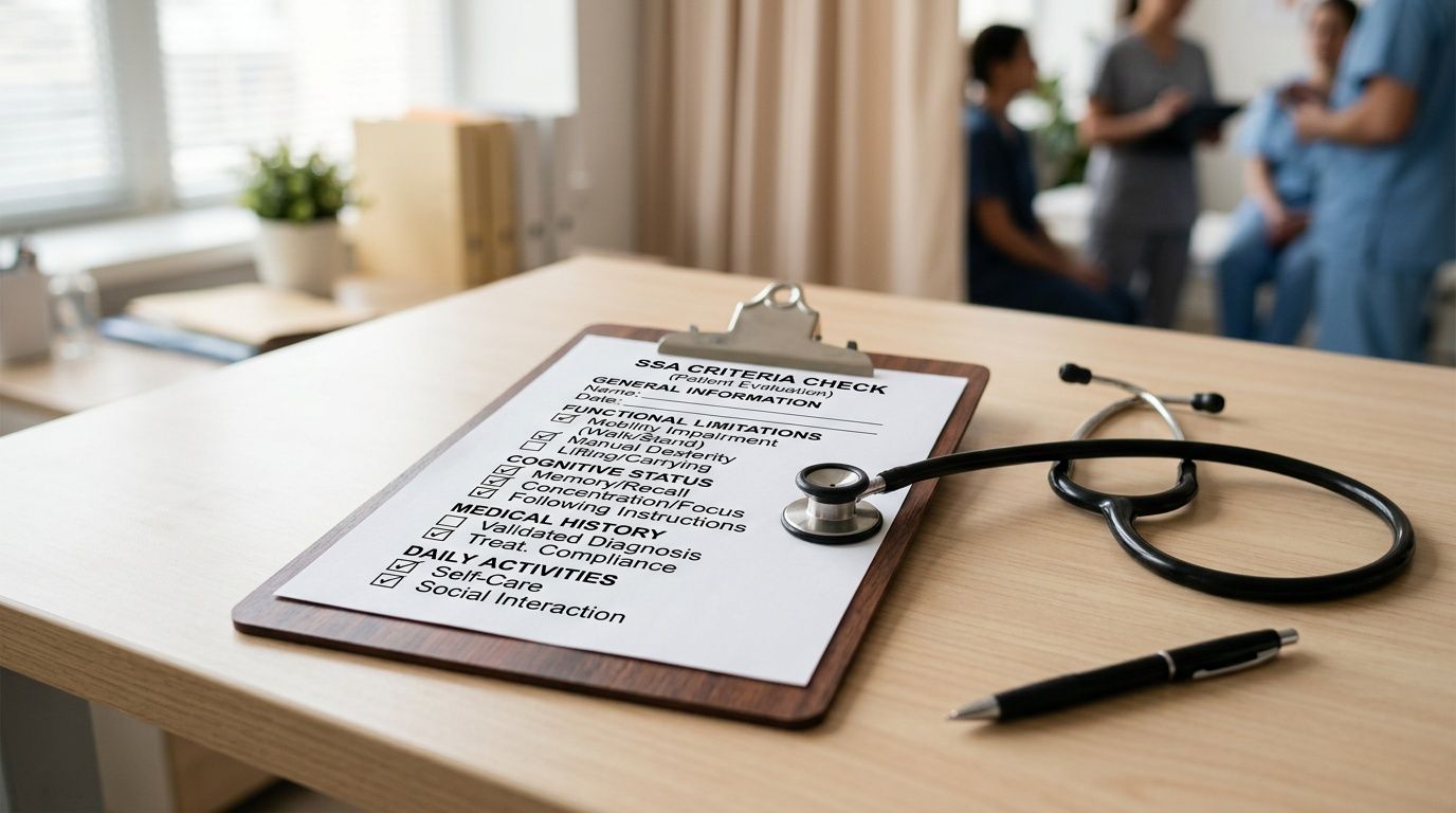 A SSA medical evaluation form, stethoscope, and pen on a wooden desk in a healthcare setting.