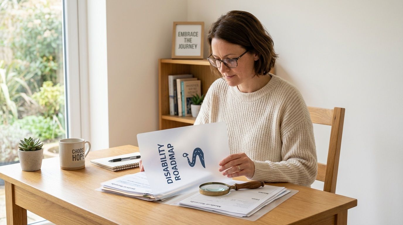 A woman with glasses reads a 'Disability Roadmap' document at a desk, surrounded by hope-inspiring items.
