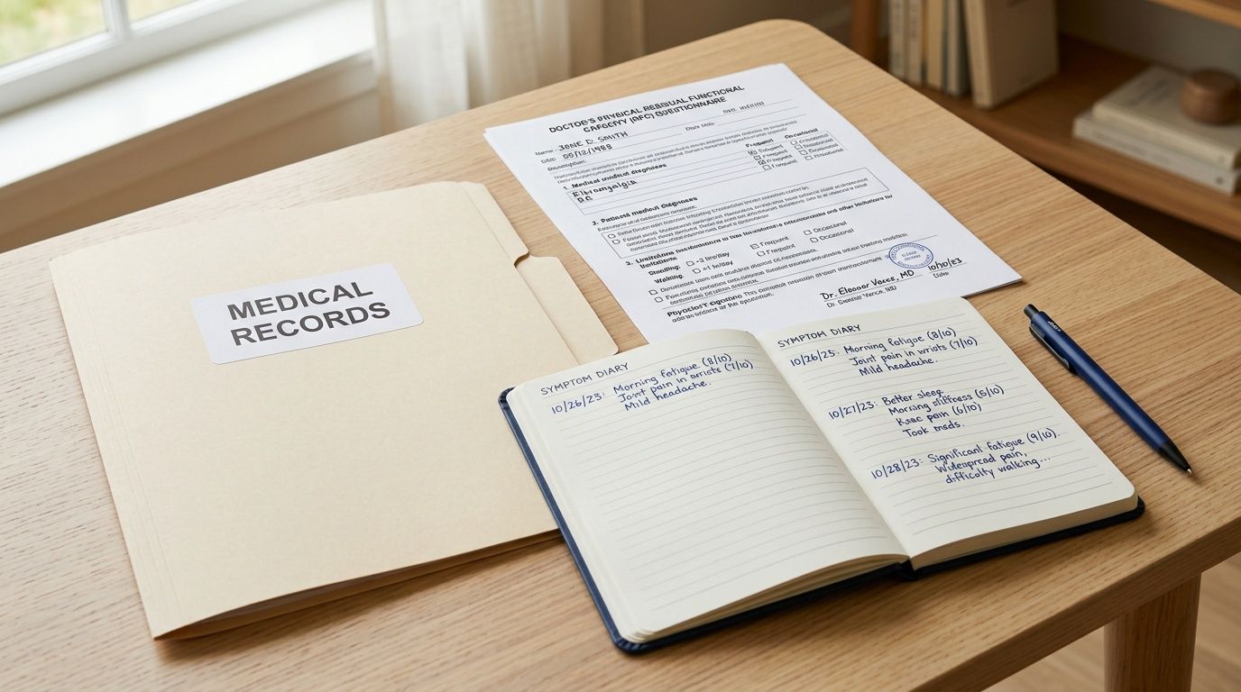Medical records folder, symptom diary, and doctor's form discussing fibromyalgia on a wooden desk.