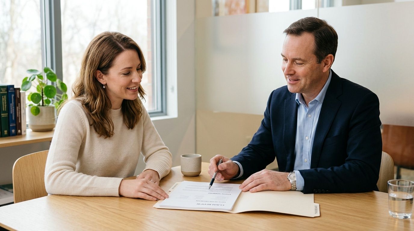 Two professionals, a man and a woman, review documents together at a light wooden table.