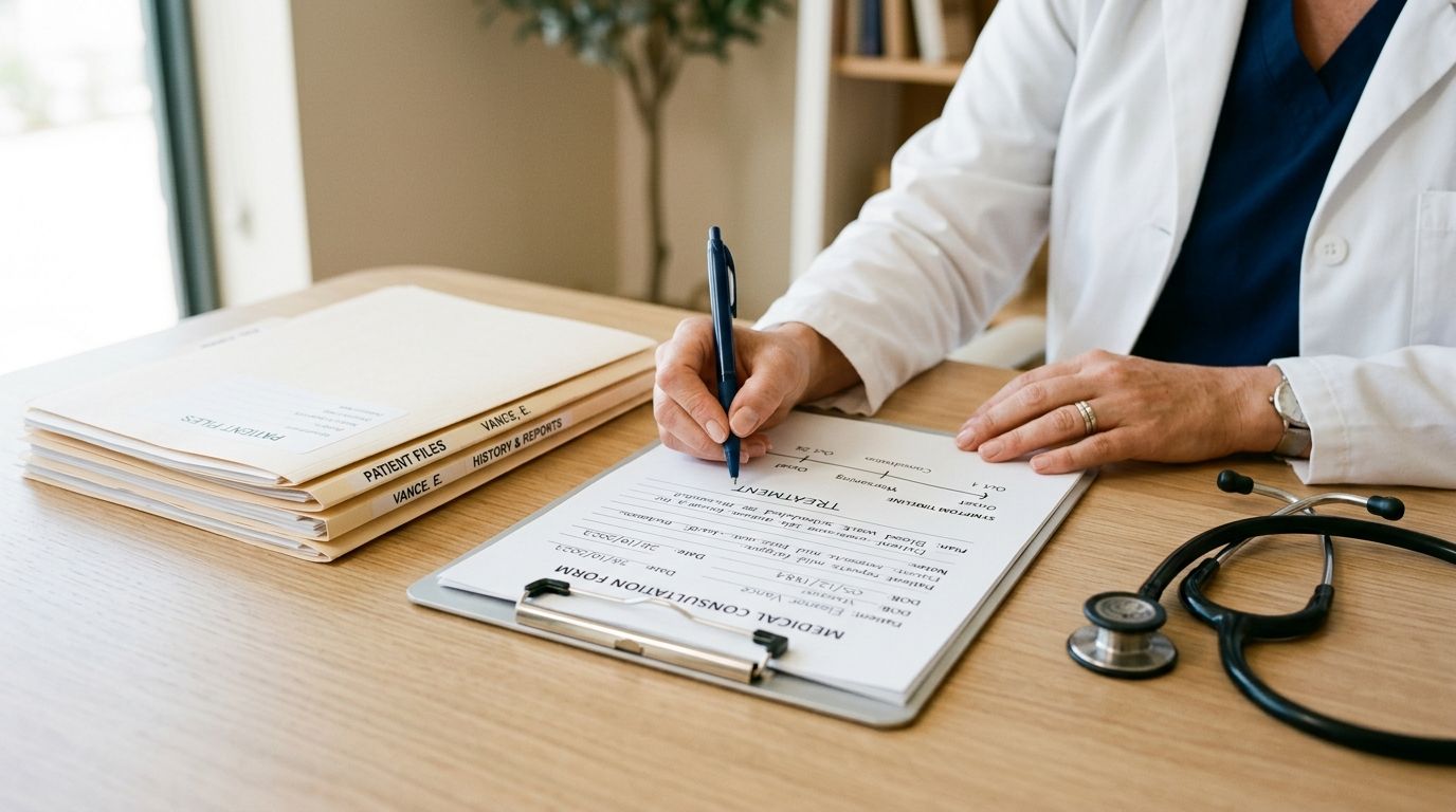 A doctor in a white coat writes on a medical consultation form, with patient files and a stethoscope nearby.