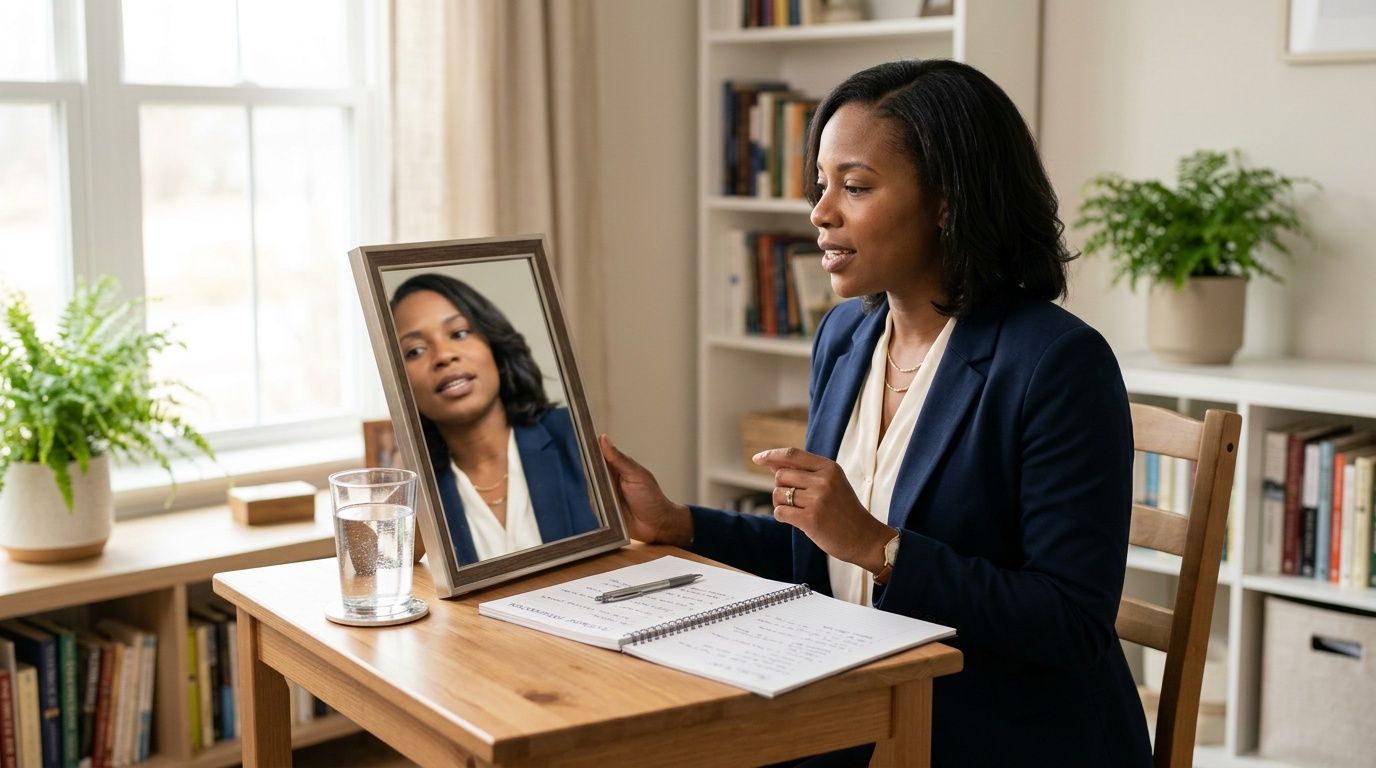 A professional woman in a suit practices speaking in front of a mirror at a desk.
