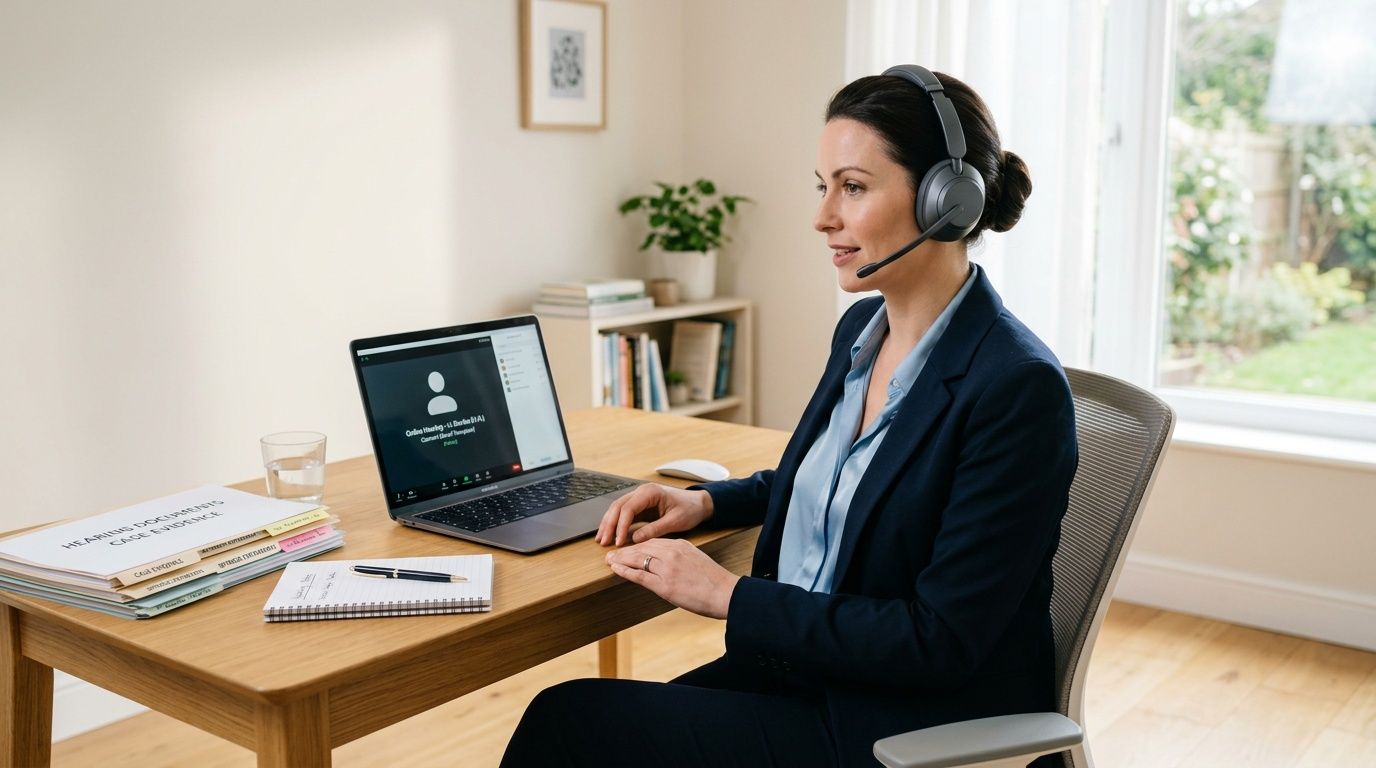 A professional woman in a suit wearing a headset conducts an online hearing from her home office.