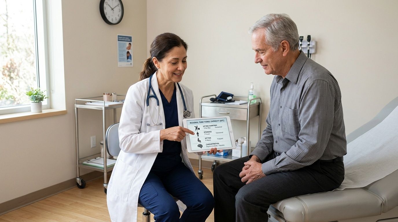A female doctor in a white coat explains medical data on a tablet to an older male patient.