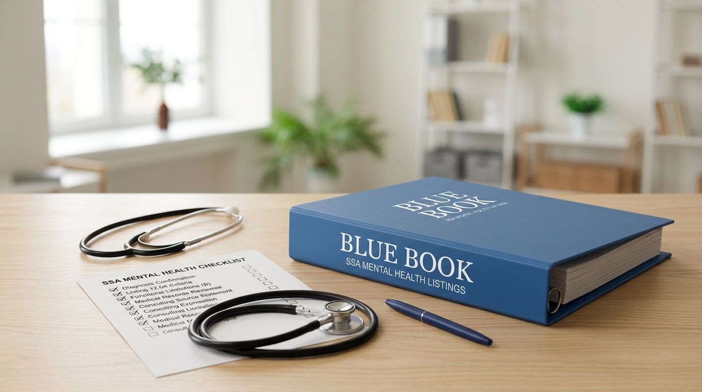 Desk setup with an SSA Mental Health Listings blue book, checklist, stethoscope, and pen.