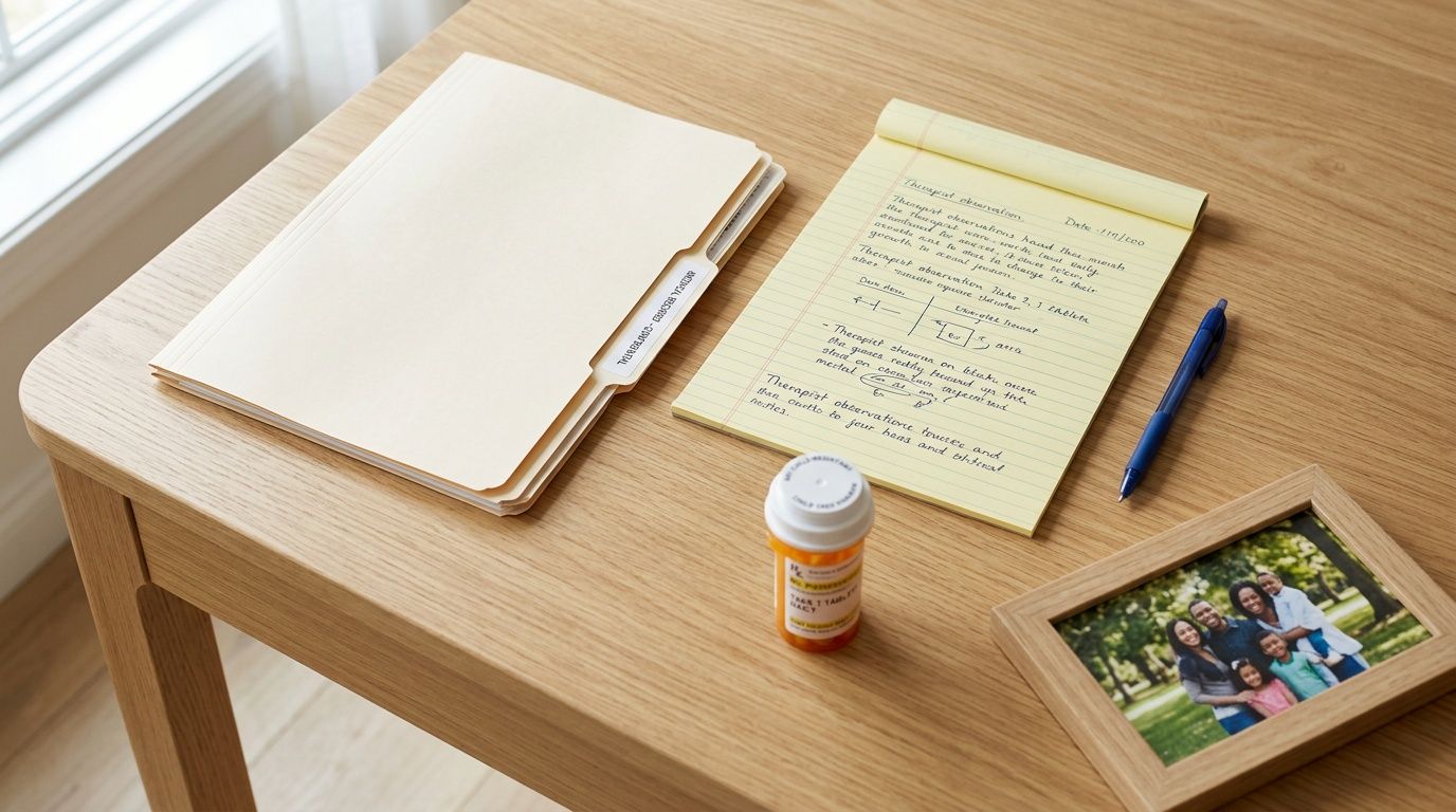 A wooden desk with medical files, a therapist's notepad, a pill bottle, and a family photo.