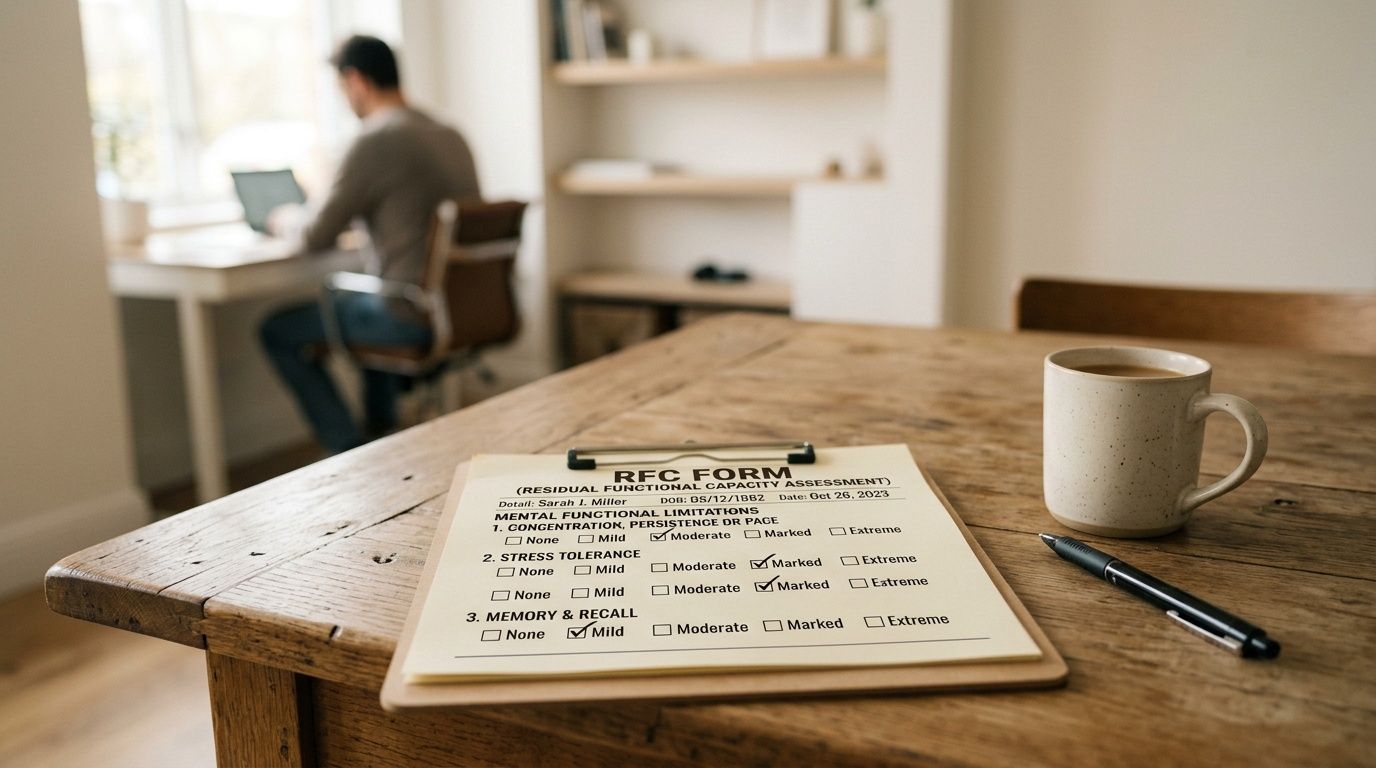 A Residual Functional Capacity Assessment form on a clipboard, with a coffee mug and pen on a wooden table, and a person working on a laptop in the background.