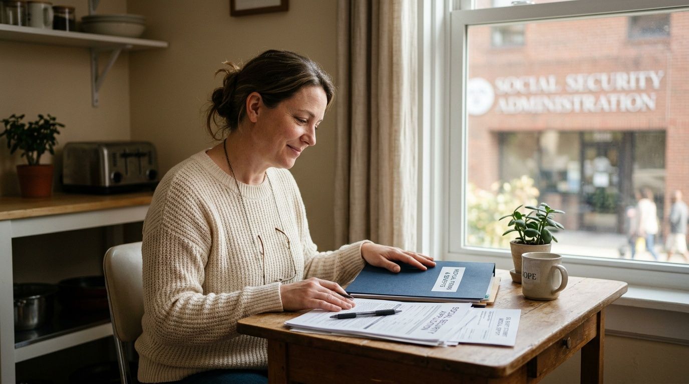Smiling woman reviewing Social Security Administration forms at a table by a window.