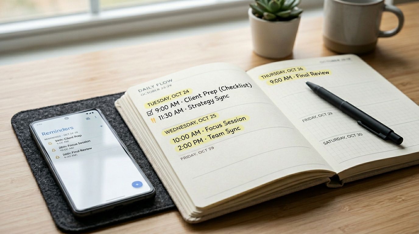 A smartphone showing reminders next to an open paper planner on a wooden desk.