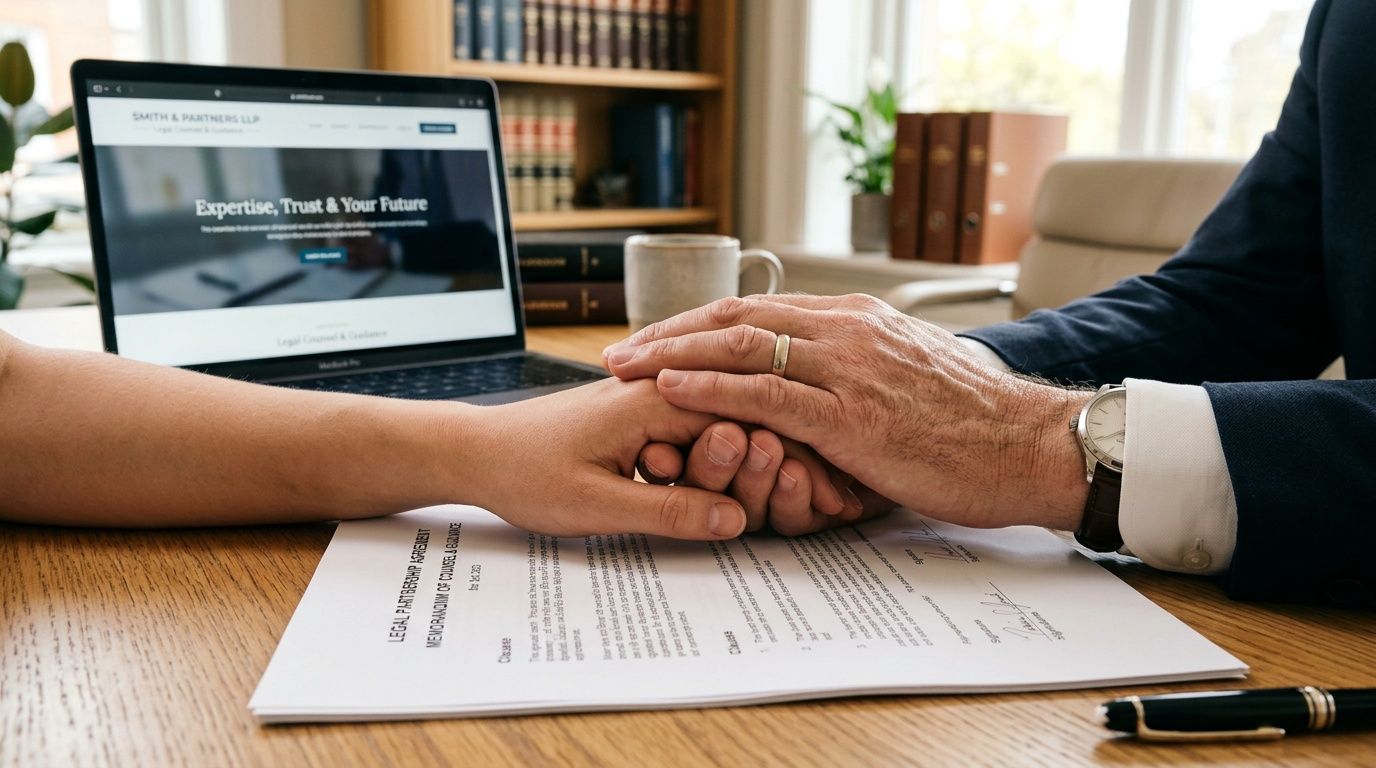 A lawyer and a client hold hands over a legal document, providing support during a consultation.