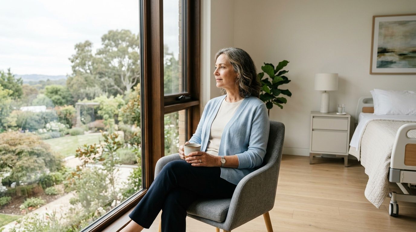 A woman sits in a chair by a large window in a room, holding a coffee cup.