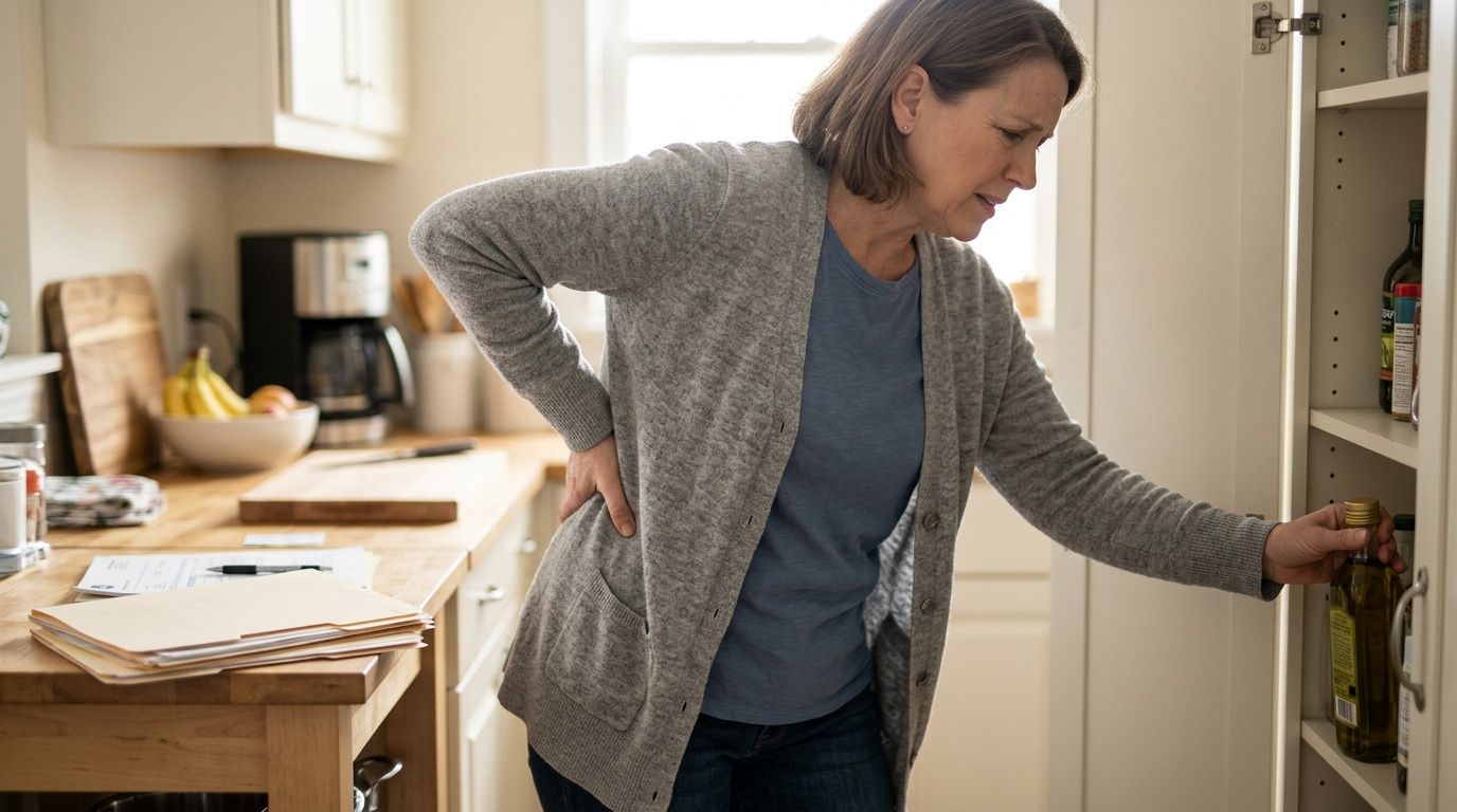 A middle-aged woman in a kitchen holding her lower back while reaching for a bottle on a shelf.