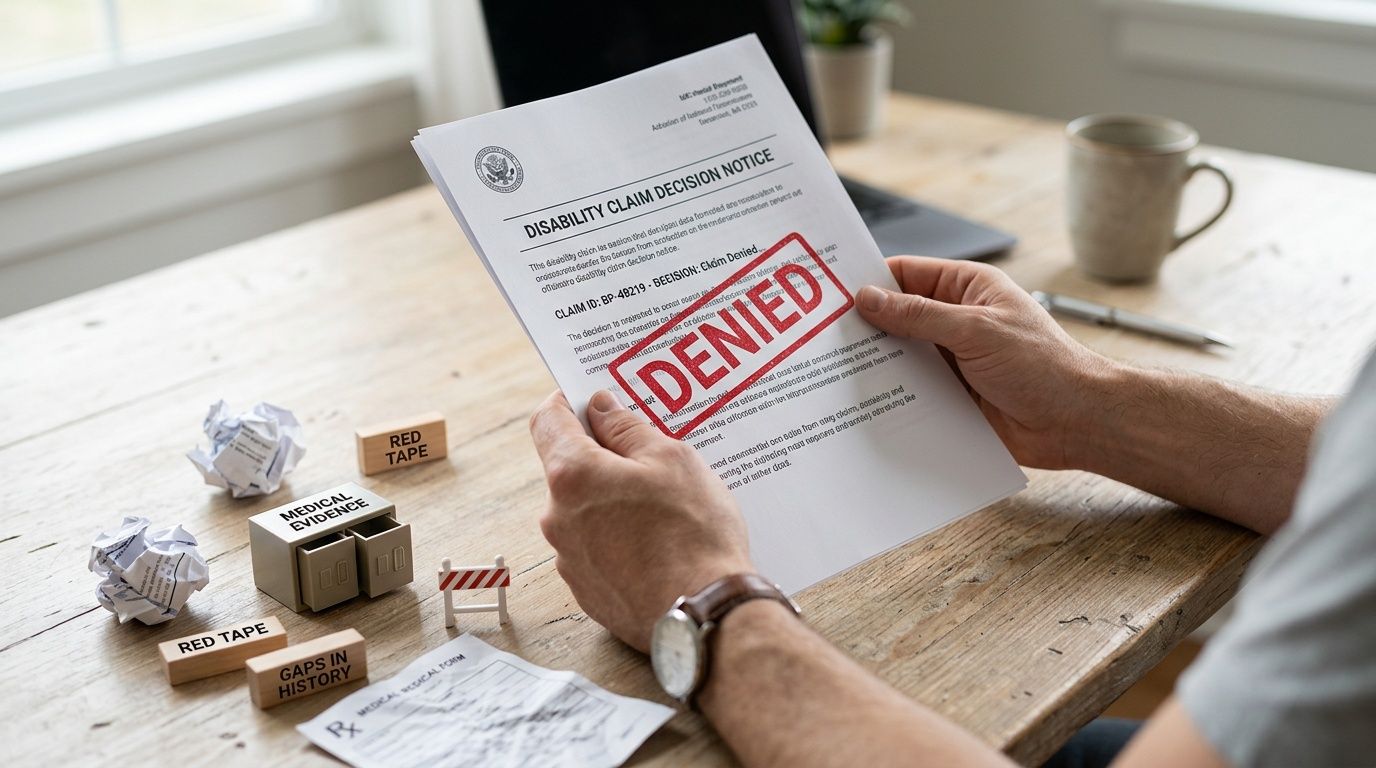 A person holding a denied disability claim decision notice at a wooden desk with office supplies.