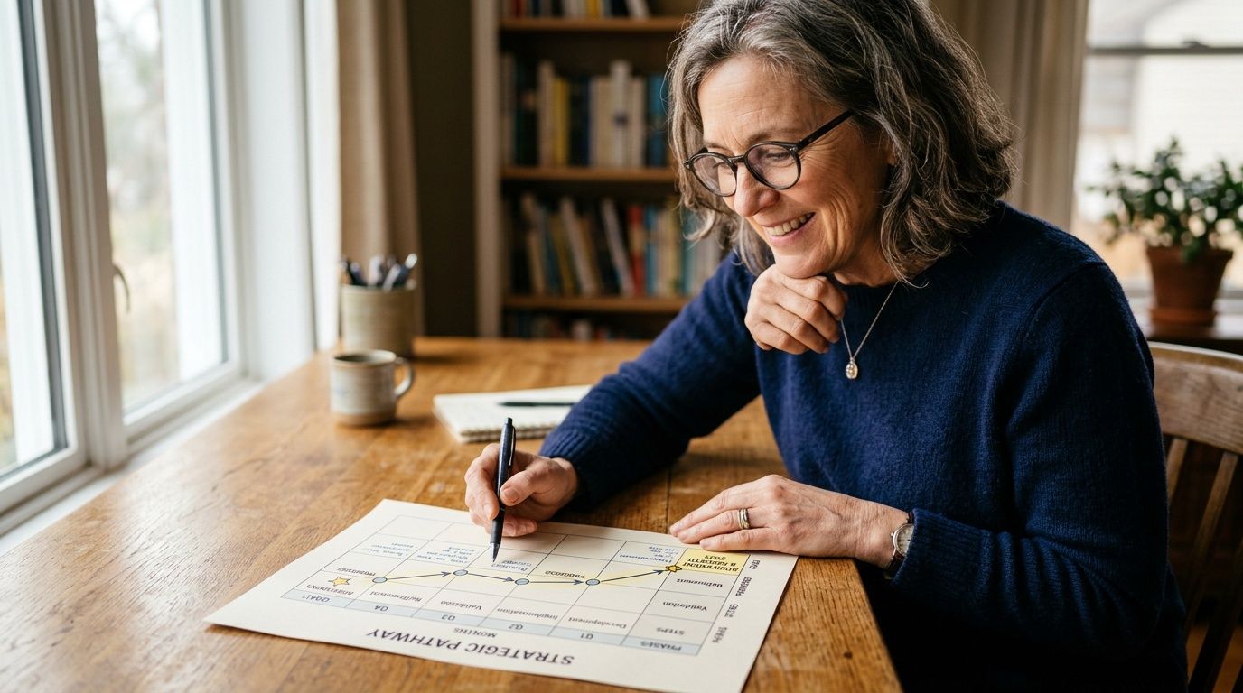 A woman smiling while sitting at a wooden table and planning her strategic pathway on paper.