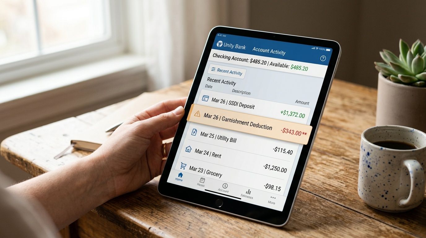A tablet screen displaying Unity Bank account activity showing an SSDI deposit and a garnishment deduction transaction.