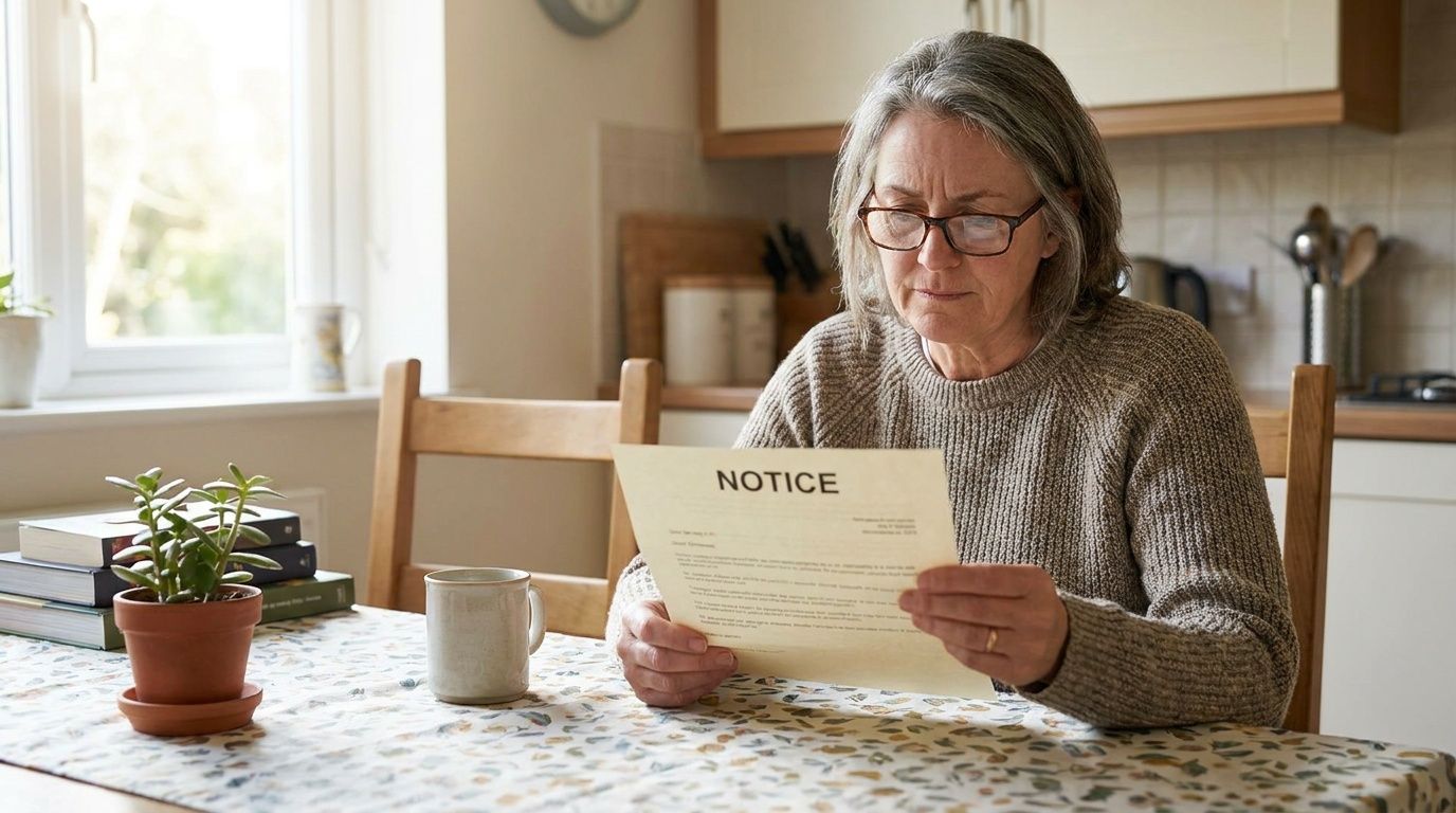 A concerned senior woman wearing glasses sits at a kitchen table reading a formal legal notice letter.