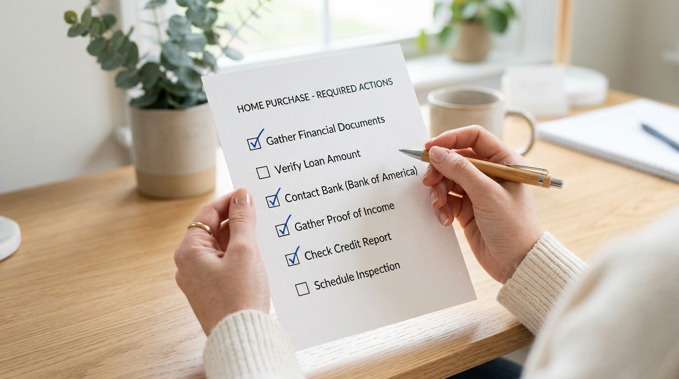 A person holding a printed checklist of required actions for a home purchase with several items checked.