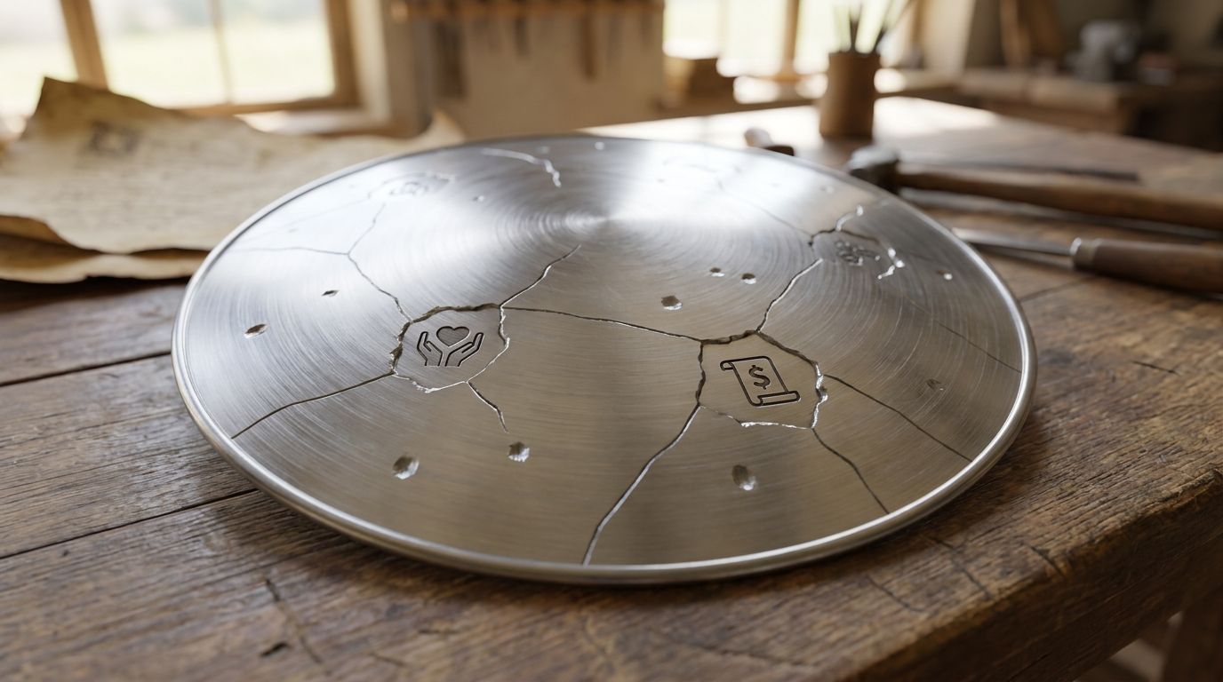 A silver metal disc with engraved icons resting on a wooden workshop table with various tools.
