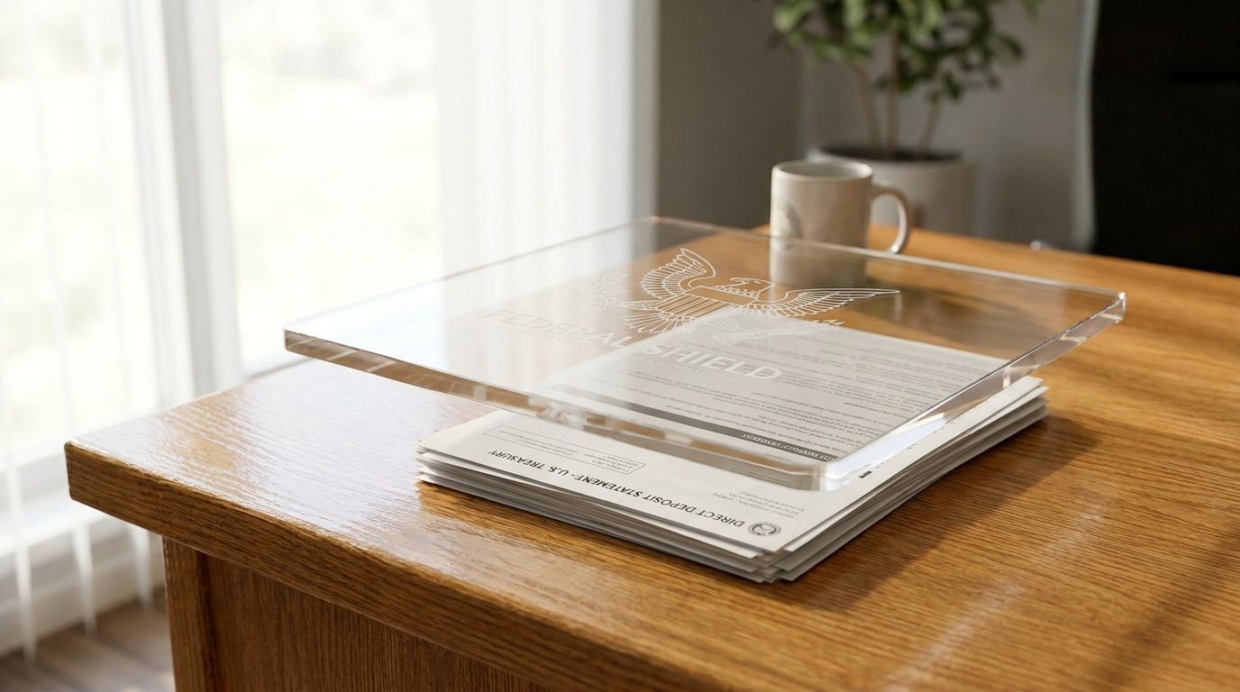 A stack of official documents with a glass paperweight on a wooden desk in an office.