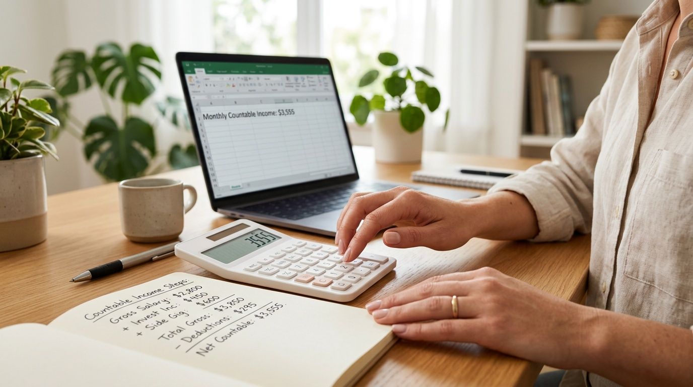 A person sitting at a wooden desk, using a calculator to calculate monthly countable income for SSI.