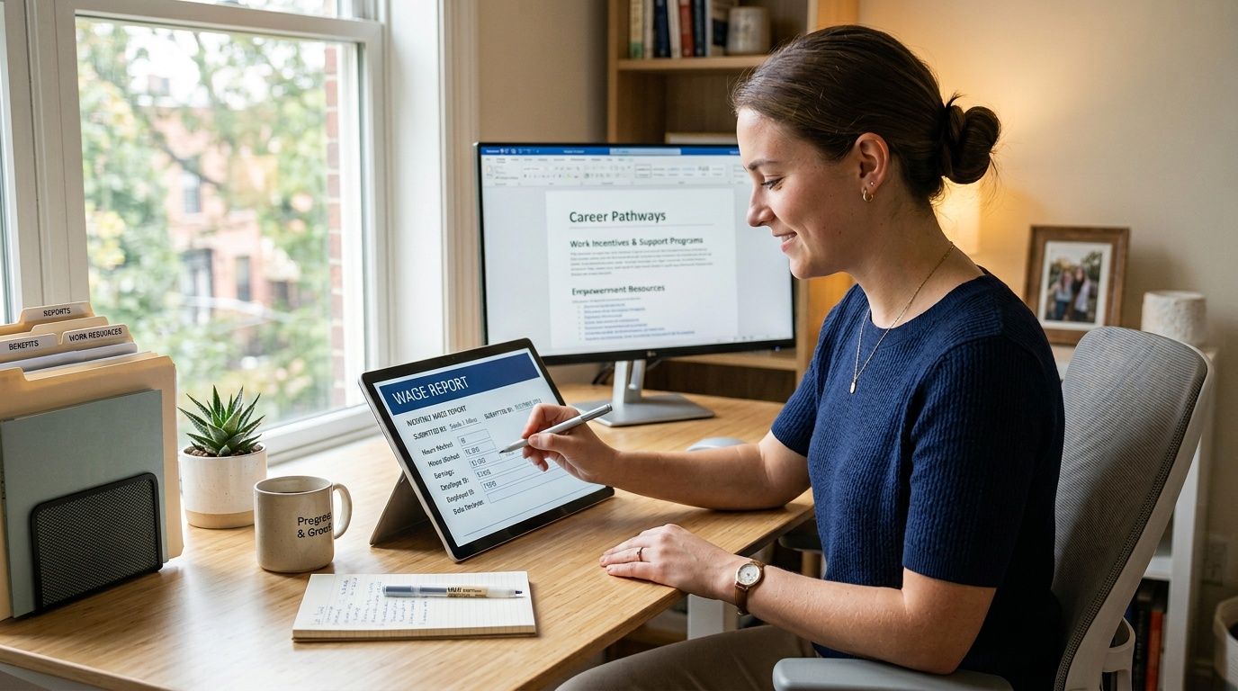 A woman working on a tablet device displaying a wage report while sitting at her home office desk.