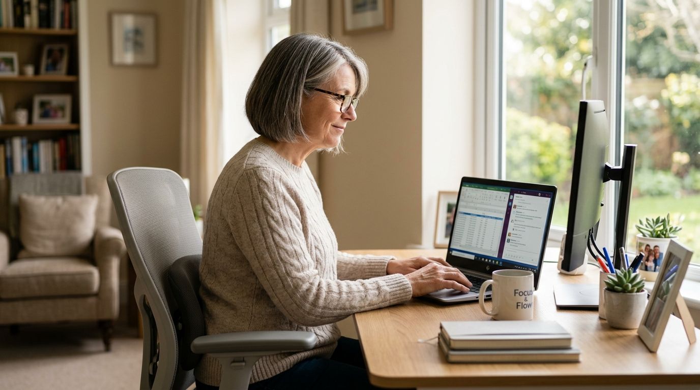 A mature woman wearing glasses works on her laptop while sitting at a desk in her home office.