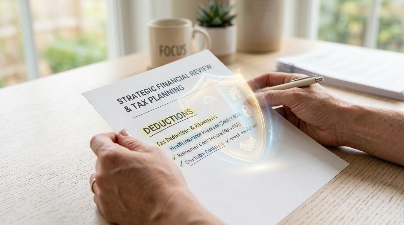 A person reviewing a Strategic Financial Review and Tax Planning document while holding a pen.