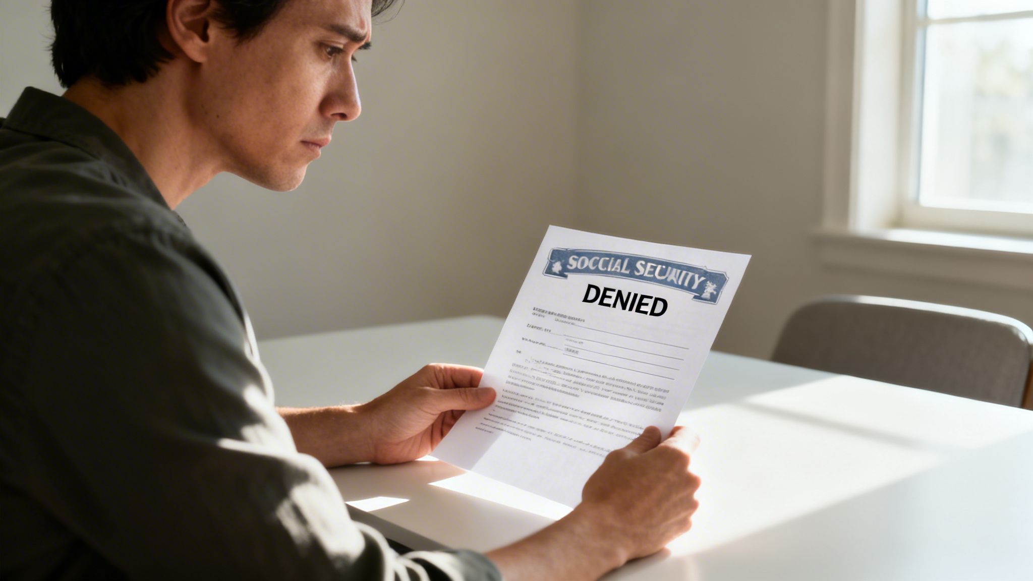 A concerned man holding a Social Security denial letter while sitting at a bright desk.