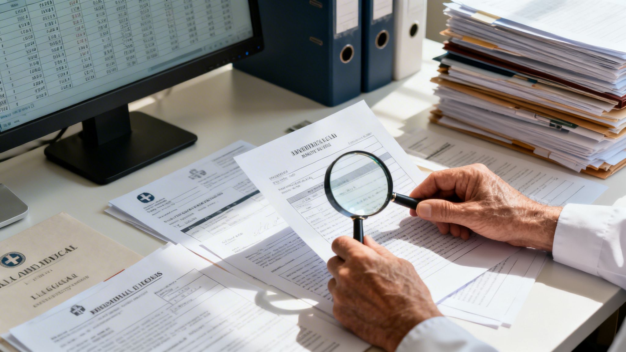A person using a magnifying glass to review detailed medical forms at a busy office desk.