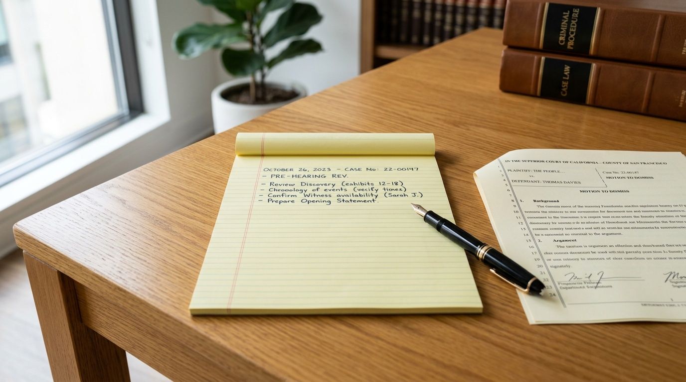 A legal notepad with a to-do list, fountain pen, and court documents sitting on a wooden desk.
