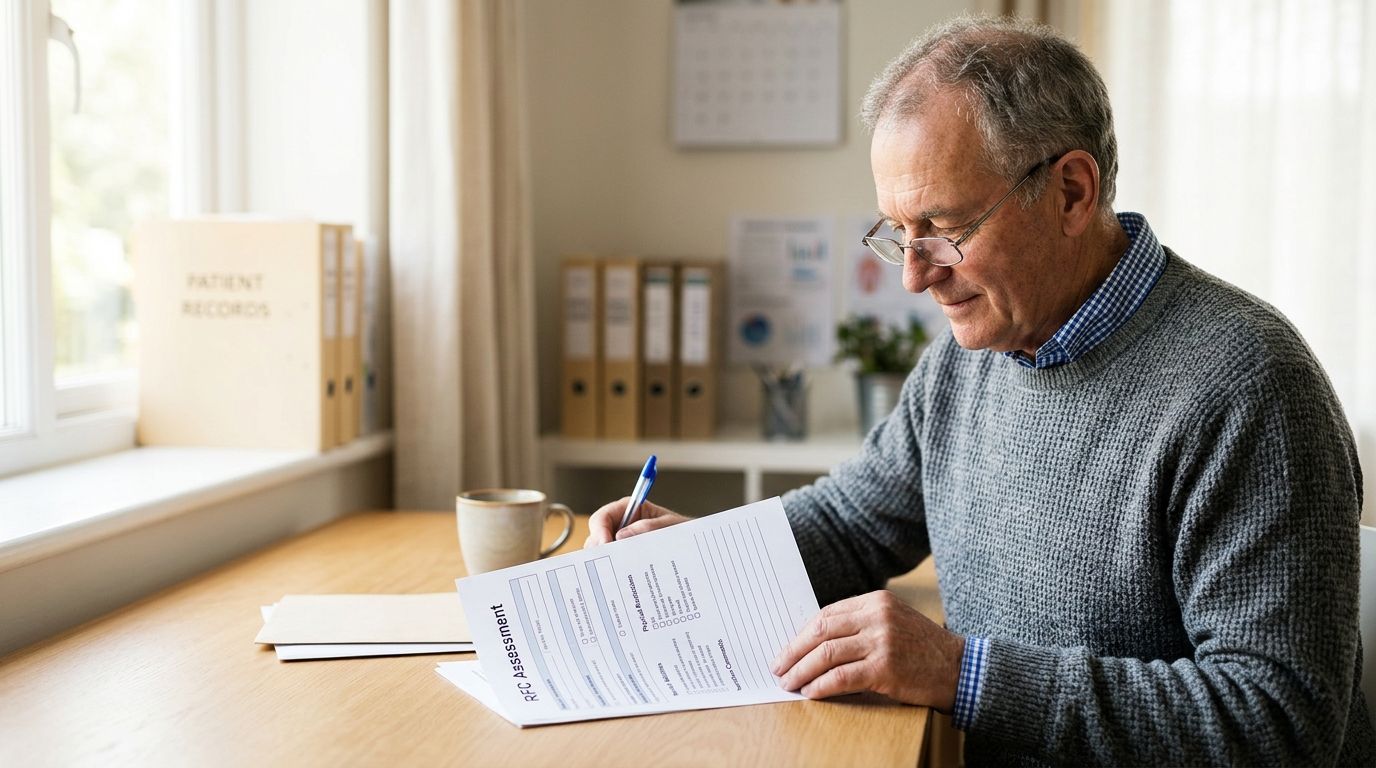 An older man wearing glasses and a gray sweater completes a disability assessment form at his desk.