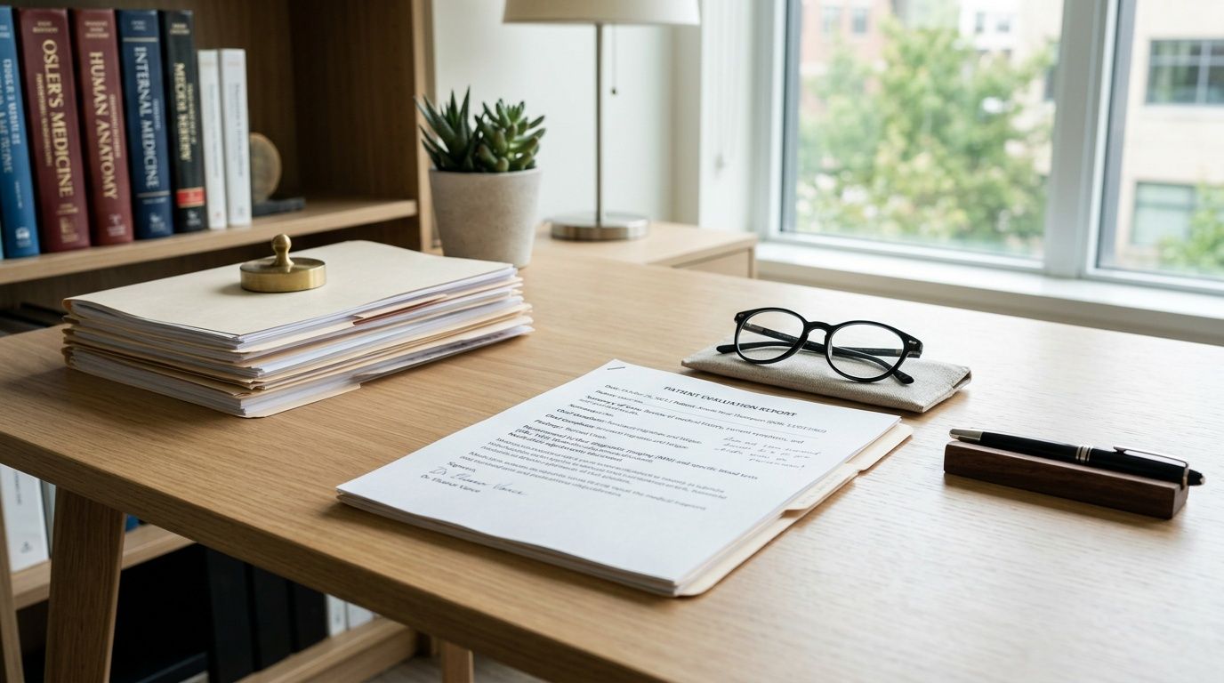 A stack of medical paperwork with a pen and glasses on a professional office desk