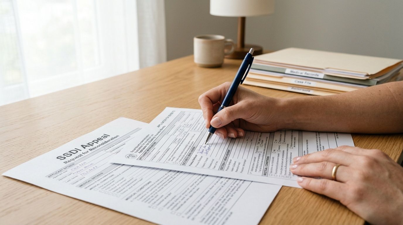 A person writing on a disability appeal form while sitting at a desk with medical files.