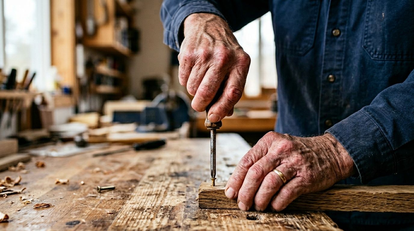 An elderly woodworker uses a screwdriver to drive a screw into a piece of wood on a workbench.