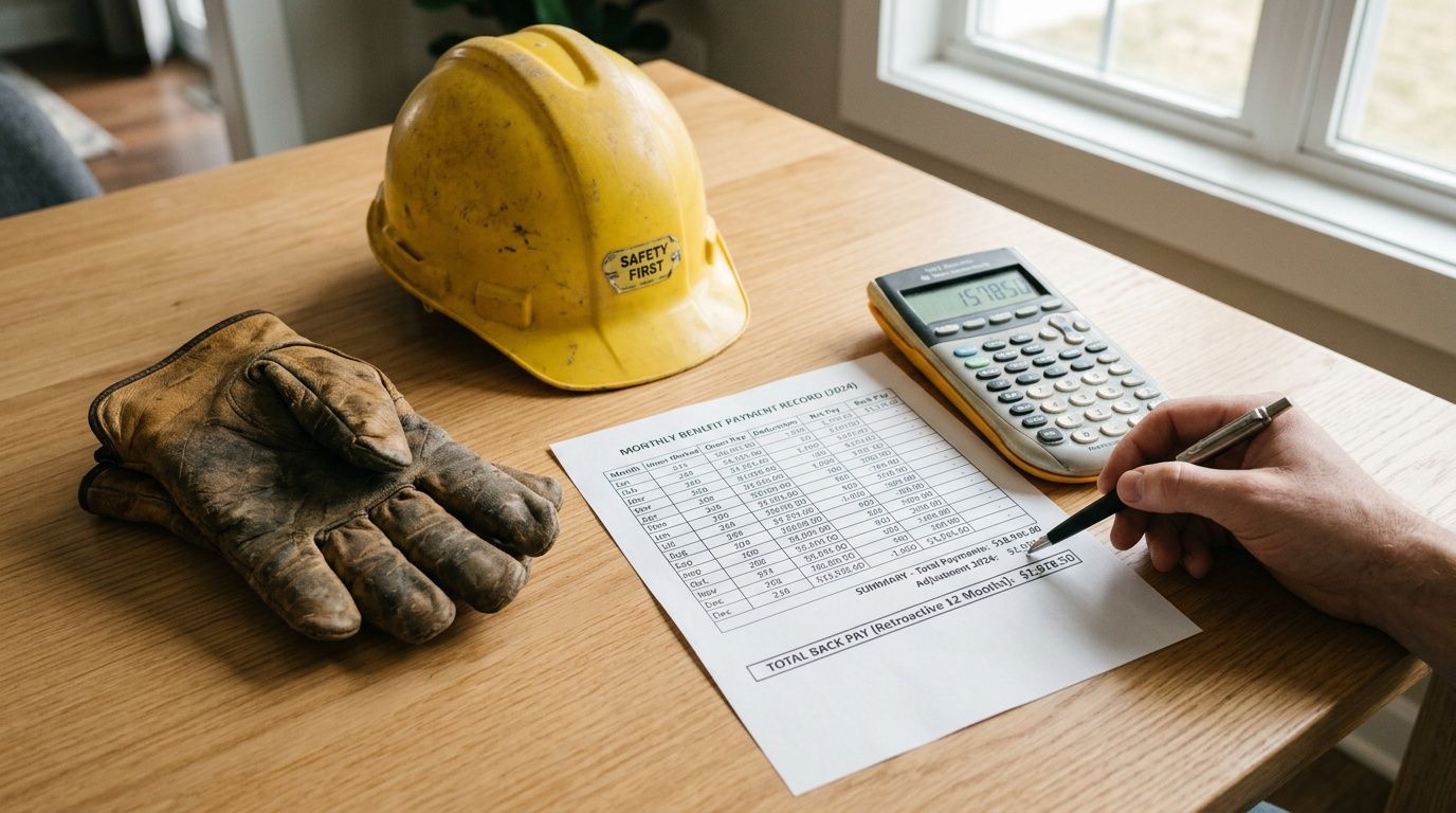 A construction worker's helmet and work gloves sit on a desk beside a benefit payment calculation document.