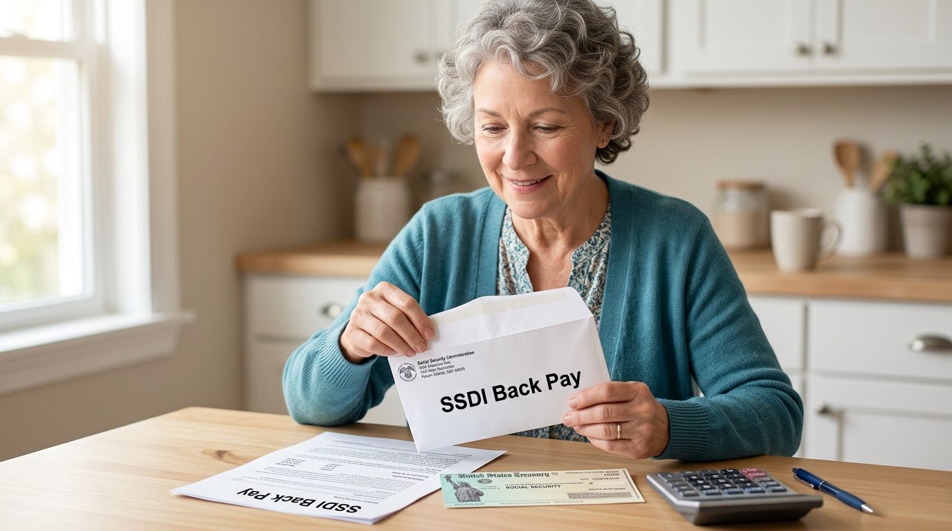 An elderly woman smiling while reviewing her Social Security disability back pay documents and check at a table.